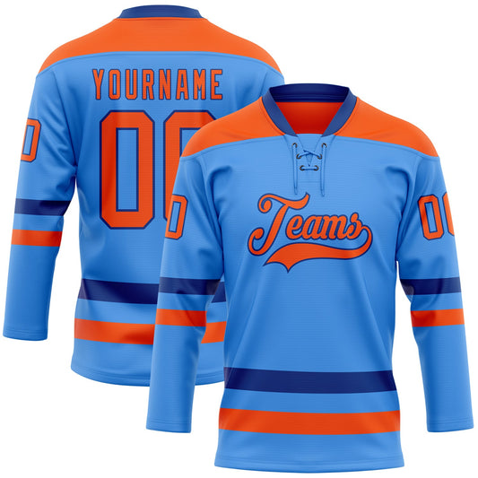 Custom Sky Blue Orange-Royal Hockey Lace Neck Jersey - Sky-Custom