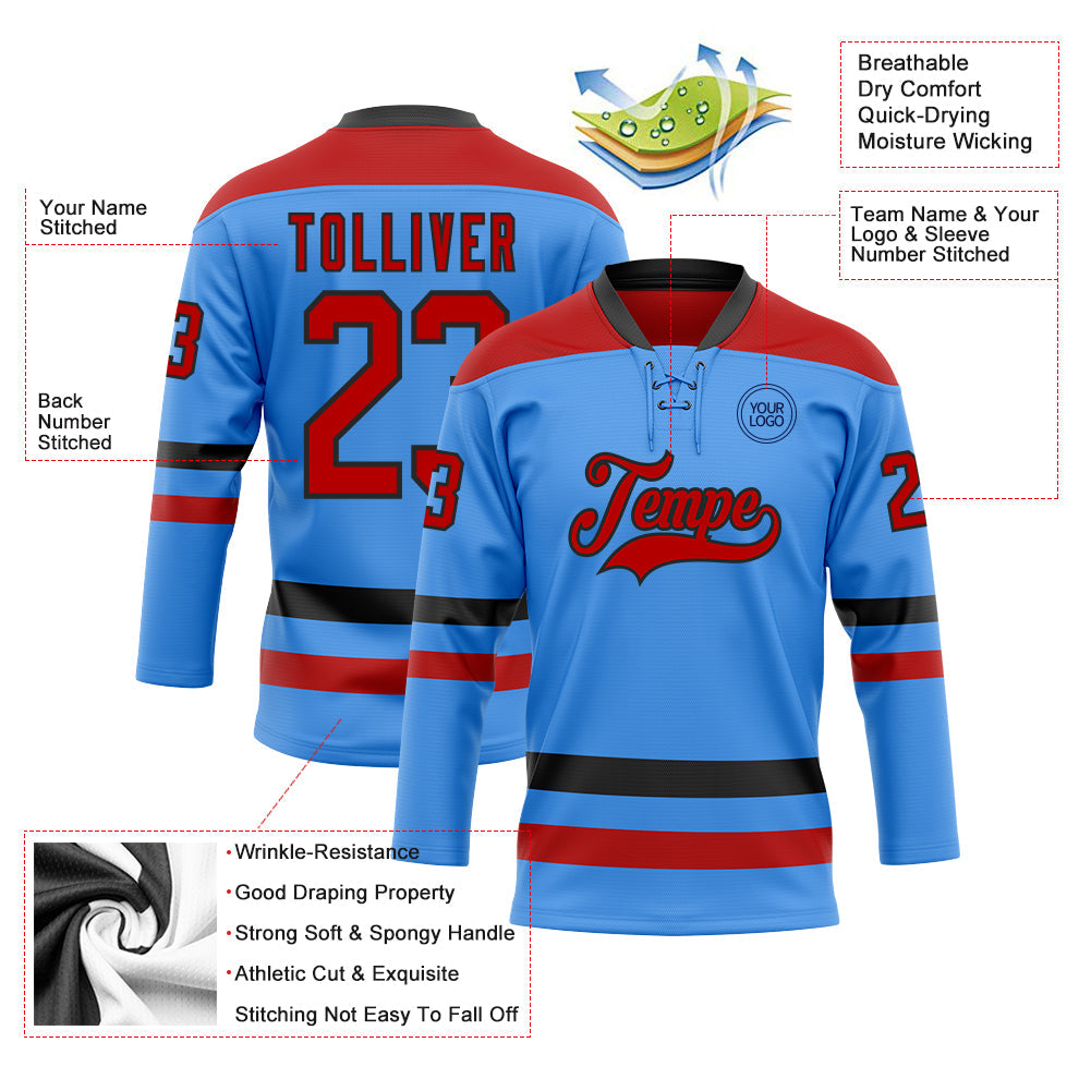 Custom Sky Blue Red-Black Hockey Lace Neck Jersey - Sky-Custom