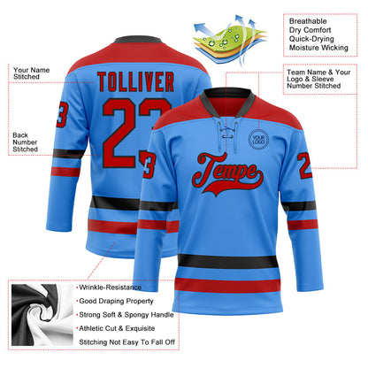 Custom Sky Blue Red-Black Hockey Lace Neck Jersey - Sky-Custom