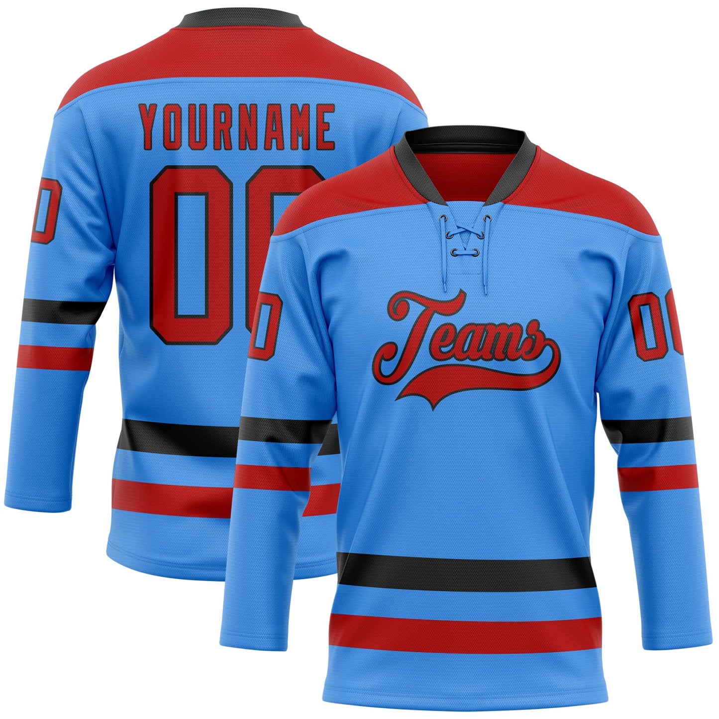 Custom Sky Blue Red-Black Hockey Lace Neck Jersey - Sky-Custom