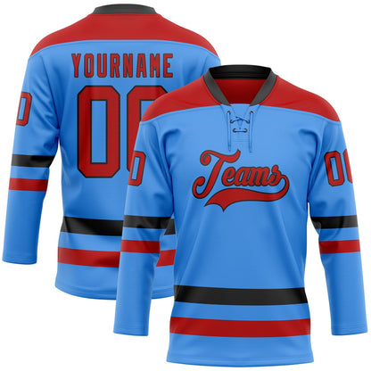 Custom Sky Blue Red-Black Hockey Lace Neck Jersey - Sky-Custom