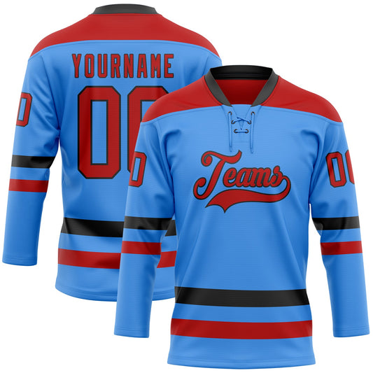 Custom Sky Blue Red-Black Hockey Lace Neck Jersey - Sky-Custom