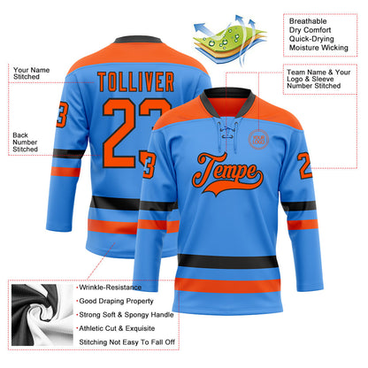 Custom Sky Blue Orange-Black Hockey Lace Neck Jersey - Sky-Custom