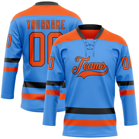 Custom Sky Blue Orange-Black Hockey Lace Neck Jersey - Sky-Custom