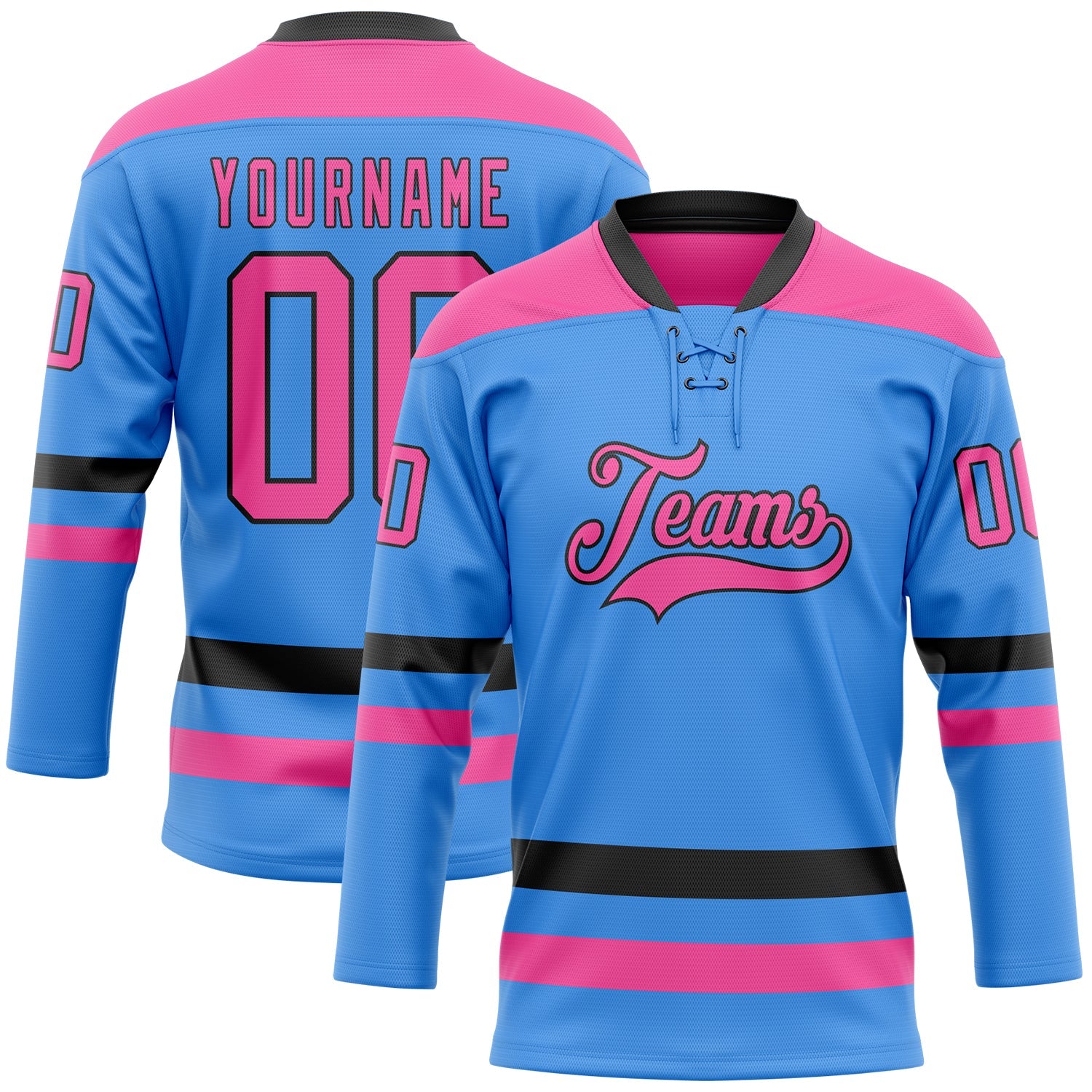 Custom Sky Blue Pink-Black Hockey Lace Neck Jersey - Sky-Custom