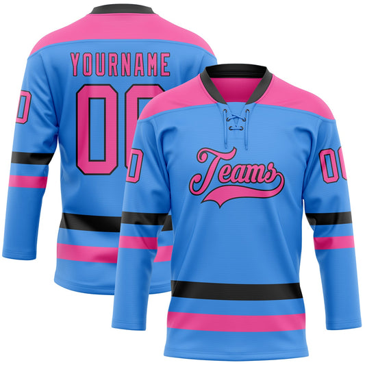 Custom Sky Blue Pink-Black Hockey Lace Neck Jersey - Sky-Custom