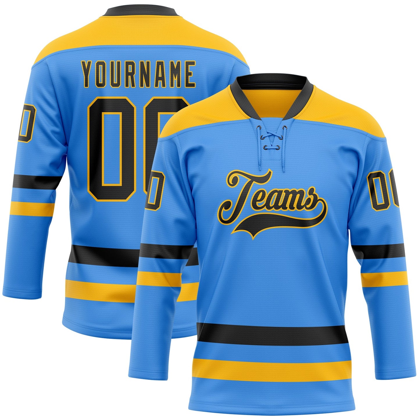 Custom Sky Blue Black-Gold Hockey Lace Neck Jersey - Sky-Custom