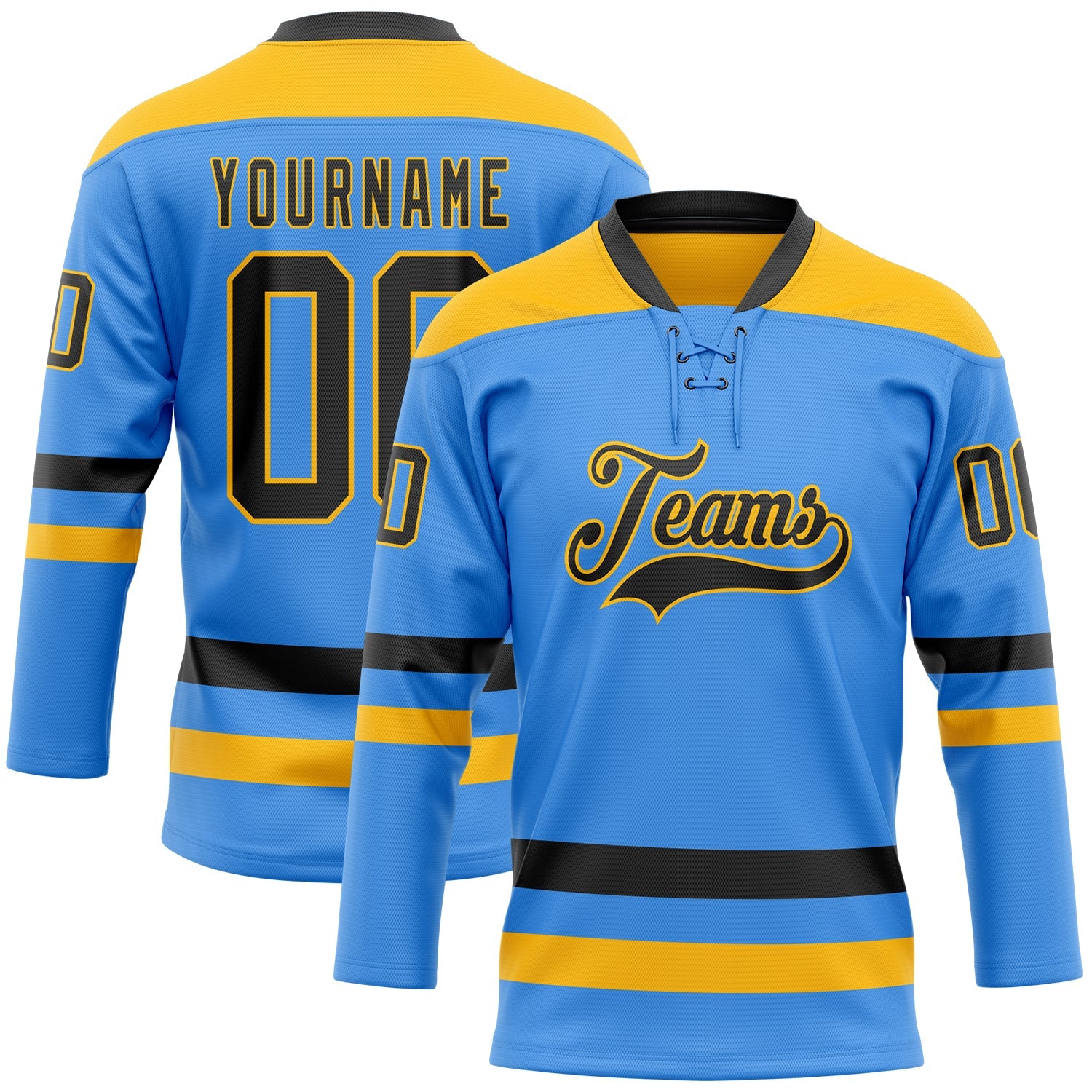 Custom Sky Blue Black-Gold Hockey Lace Neck Jersey - Sky-Custom