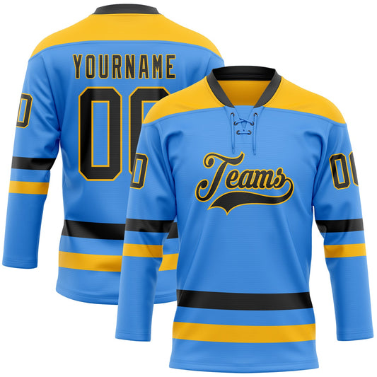 Custom Sky Blue Black-Gold Hockey Lace Neck Jersey - Sky-Custom