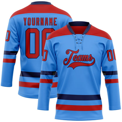 Custom Sky Blue Red-Navy Hockey Lace Neck Jersey - Sky-Custom