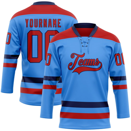 Custom Sky Blue Red-Navy Hockey Lace Neck Jersey - Sky-Custom