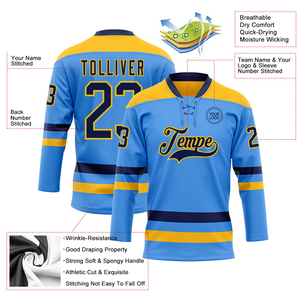 Custom Sky Blue Navy-Gold Hockey Lace Neck Jersey - Sky-Custom
