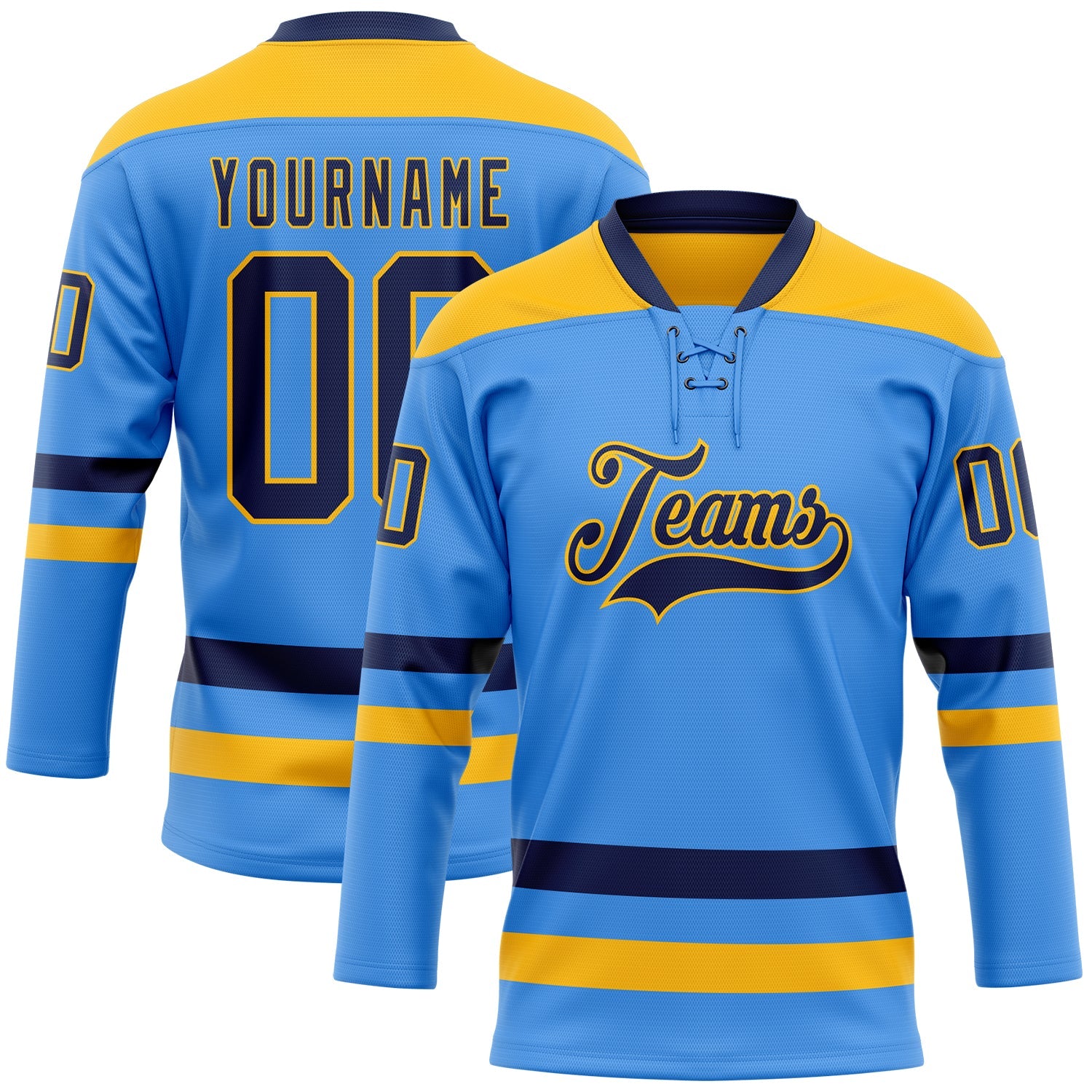 Custom Sky Blue Navy-Gold Hockey Lace Neck Jersey - Sky-Custom