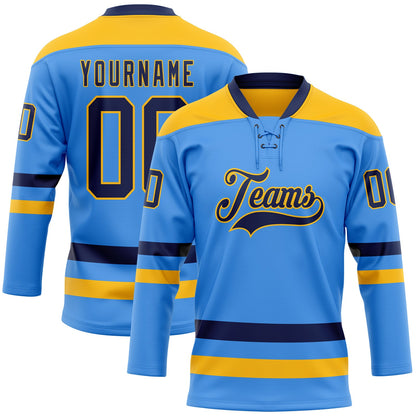 Custom Sky Blue Navy-Gold Hockey Lace Neck Jersey - Sky-Custom