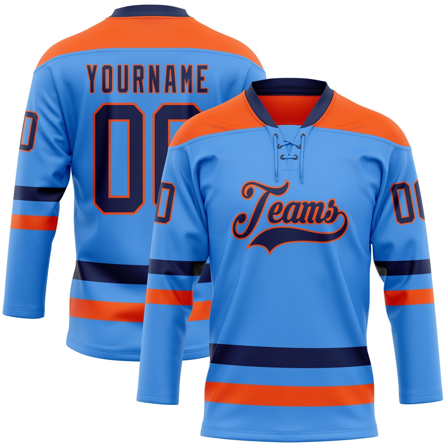 Custom Sky Blue Navy-Orange Hockey Lace Neck Jersey - Sky-Custom