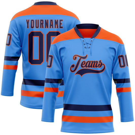Custom Sky Blue Navy-Orange Hockey Lace Neck Jersey - Sky-Custom