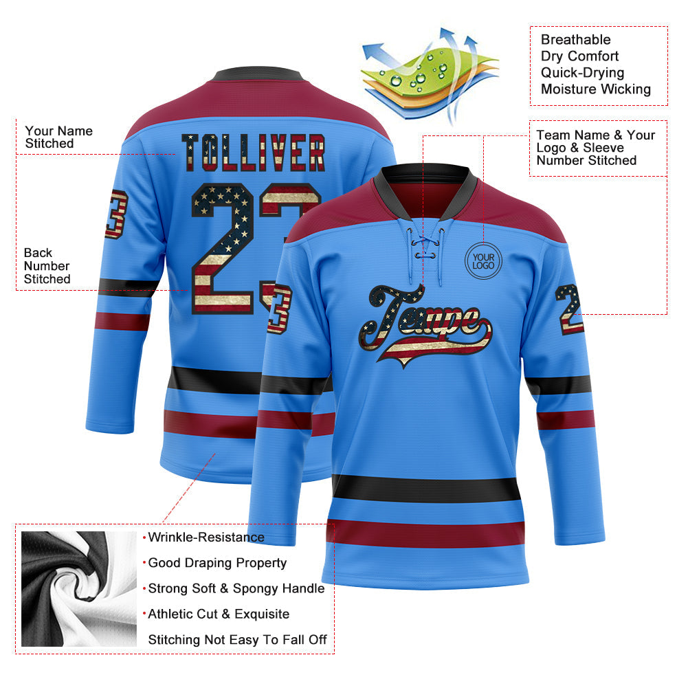 Custom Sky Blue Vintage USA Flag Black-Maroon Hockey Lace Neck Jersey - Sky-Custom