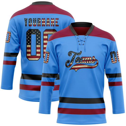 Custom Sky Blue Vintage USA Flag Black-Maroon Hockey Lace Neck Jersey - Sky-Custom