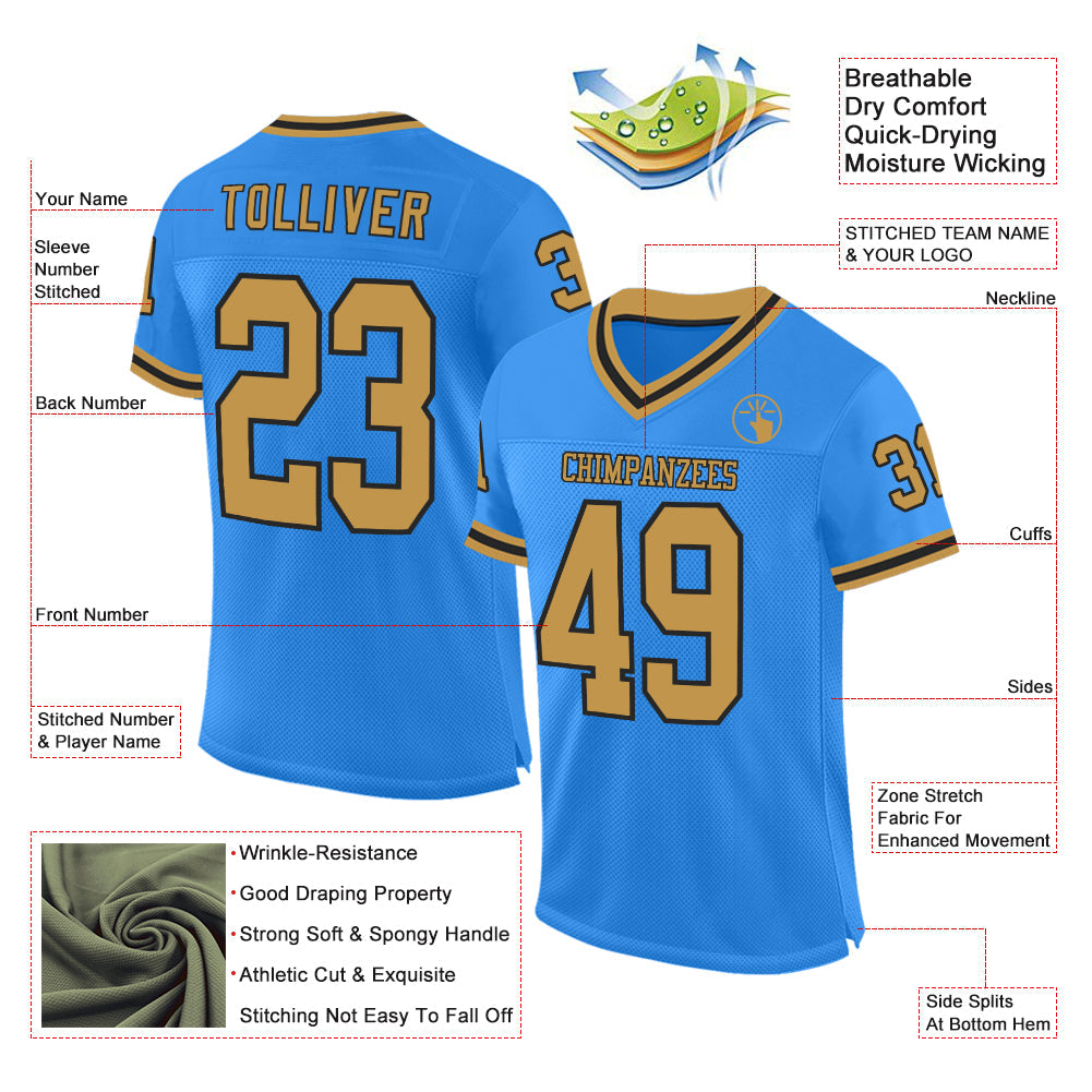 Custom Powder Blue Old Gold-Black Mesh Authentic Throwback Football Jersey - Sky-Custom