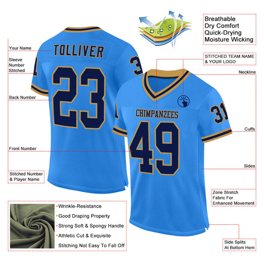 Custom Powder Blue Navy-Old Gold Mesh Authentic Throwback Football Jersey - Sky-Custom