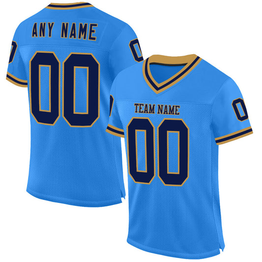 Custom Powder Blue Navy-Old Gold Mesh Authentic Throwback Football Jersey - Sky-Custom