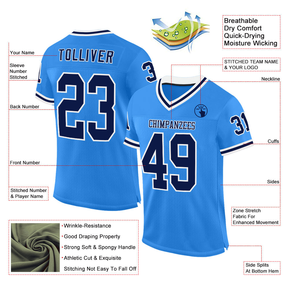 Custom Powder Blue Navy-White Mesh Authentic Throwback Football Jersey - Sky-Custom