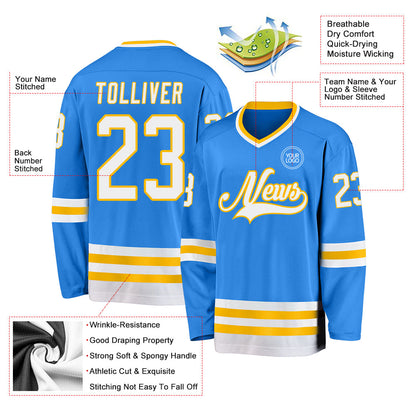 Custom Powder Blue White-Gold Hockey Jersey - Sky-Custom