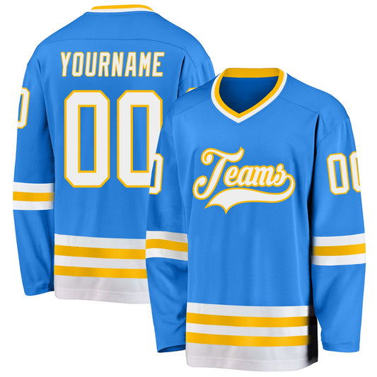 Custom Powder Blue White-Gold Hockey Jersey - Sky-Custom