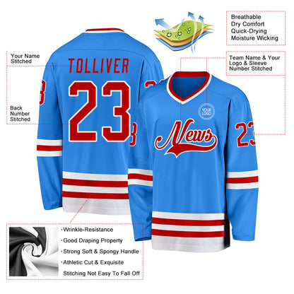 Custom Powder Blue Red-White Hockey Jersey - Sky-Custom