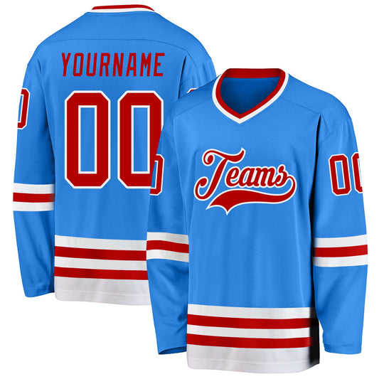 Custom Powder Blue Red-White Hockey Jersey - Sky-Custom