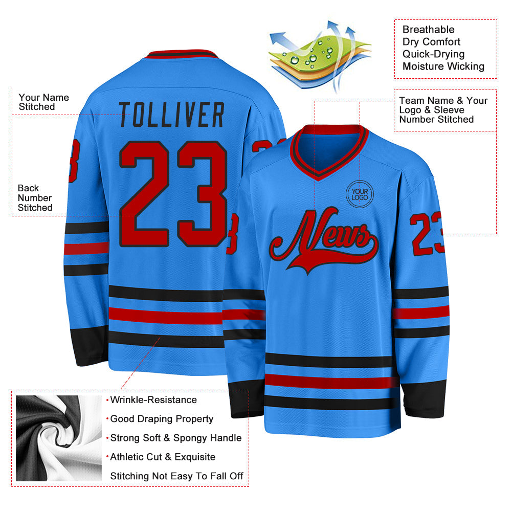 Custom Powder Blue Red-Black Hockey Jersey - Sky-Custom