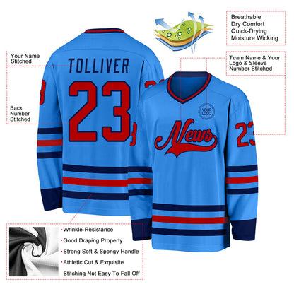 Custom Powder Blue Red-Navy Hockey Jersey - Sky-Custom