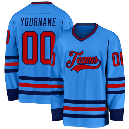 Custom Powder Blue Red-Navy Hockey Jersey - Sky-Custom