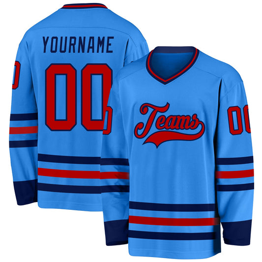 Custom Powder Blue Red-Navy Hockey Jersey - Sky-Custom