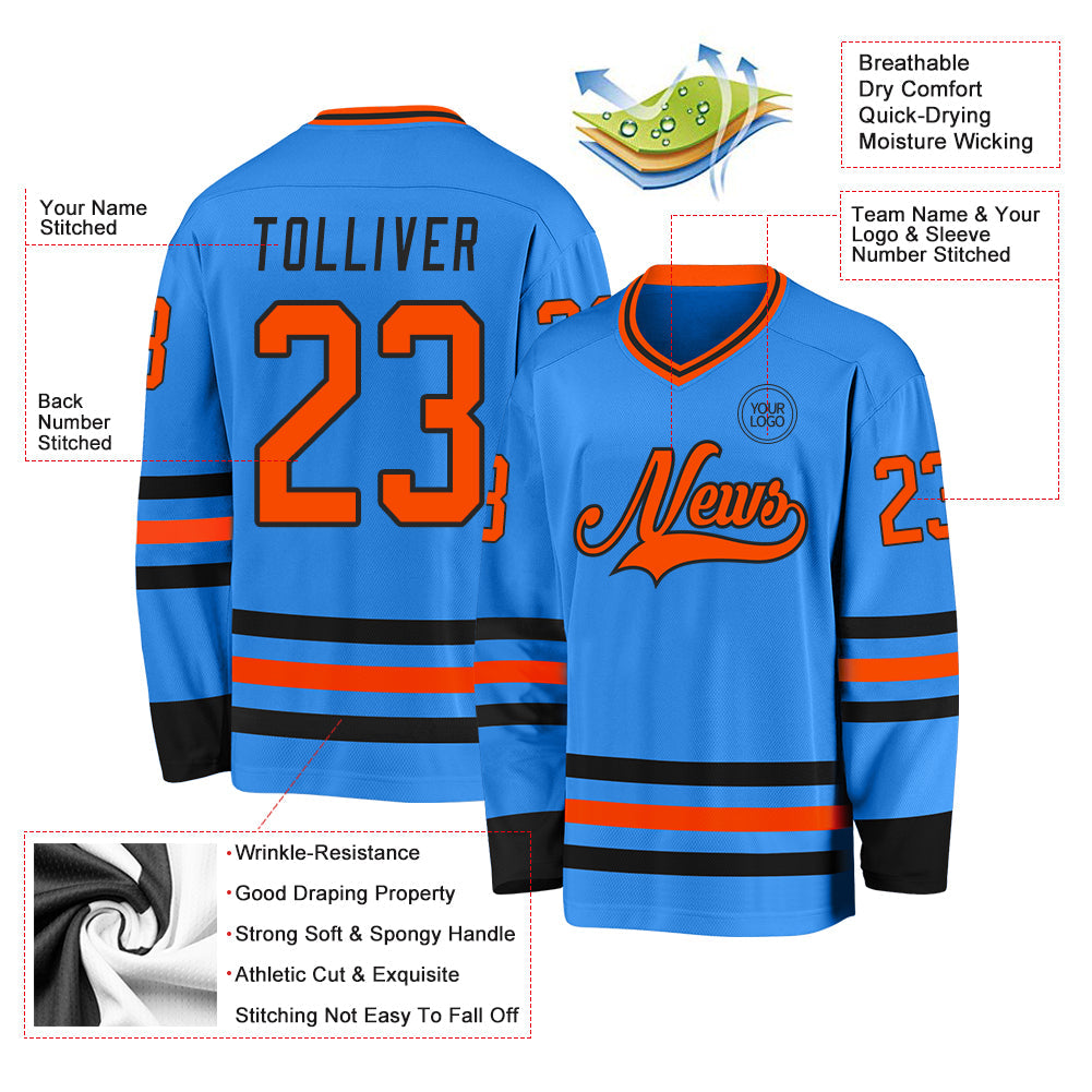 Custom Powder Blue Orange-Black Hockey Jersey - Sky-Custom