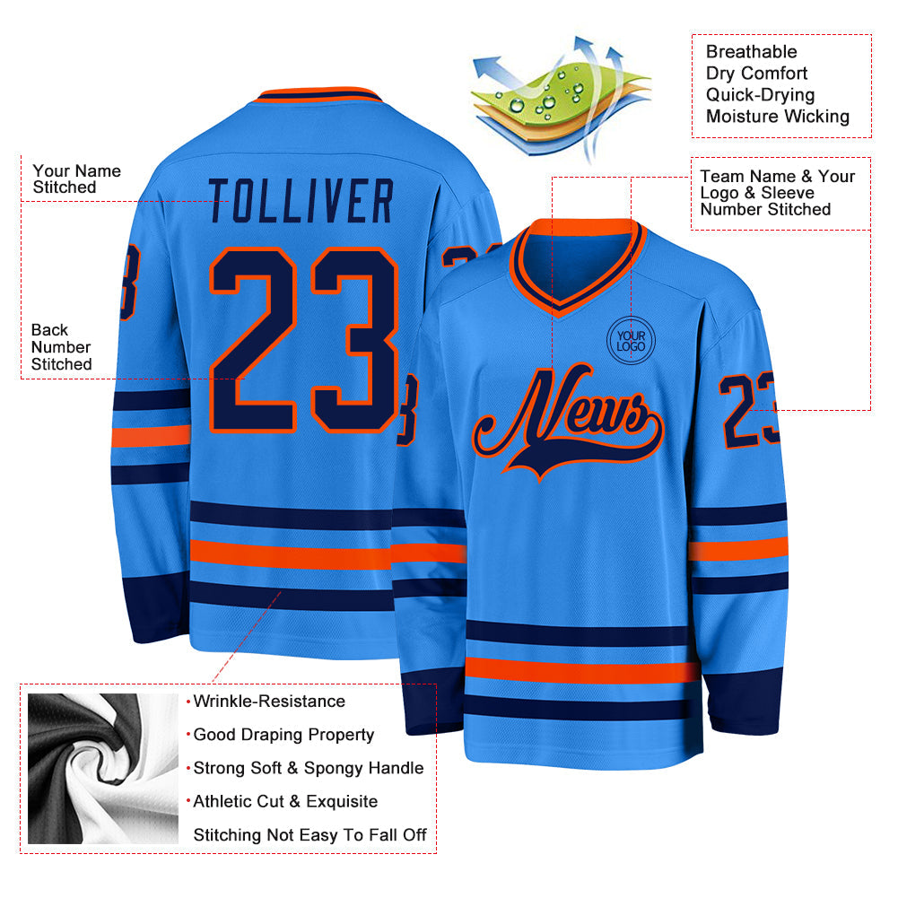 Custom Powder Blue Navy-Orange Hockey Jersey - Sky-Custom
