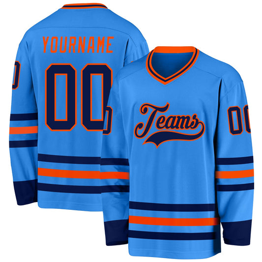Custom Powder Blue Navy-Orange Hockey Jersey - Sky-Custom