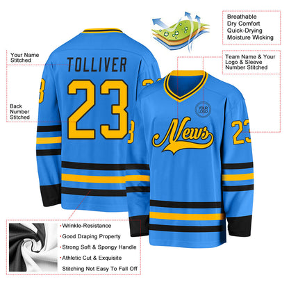 Custom Powder Blue Gold-Black Hockey Jersey - Sky-Custom