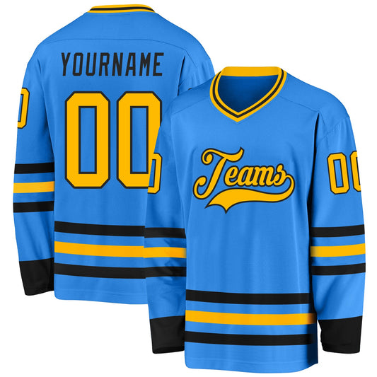 Custom Powder Blue Gold-Black Hockey Jersey - Sky-Custom