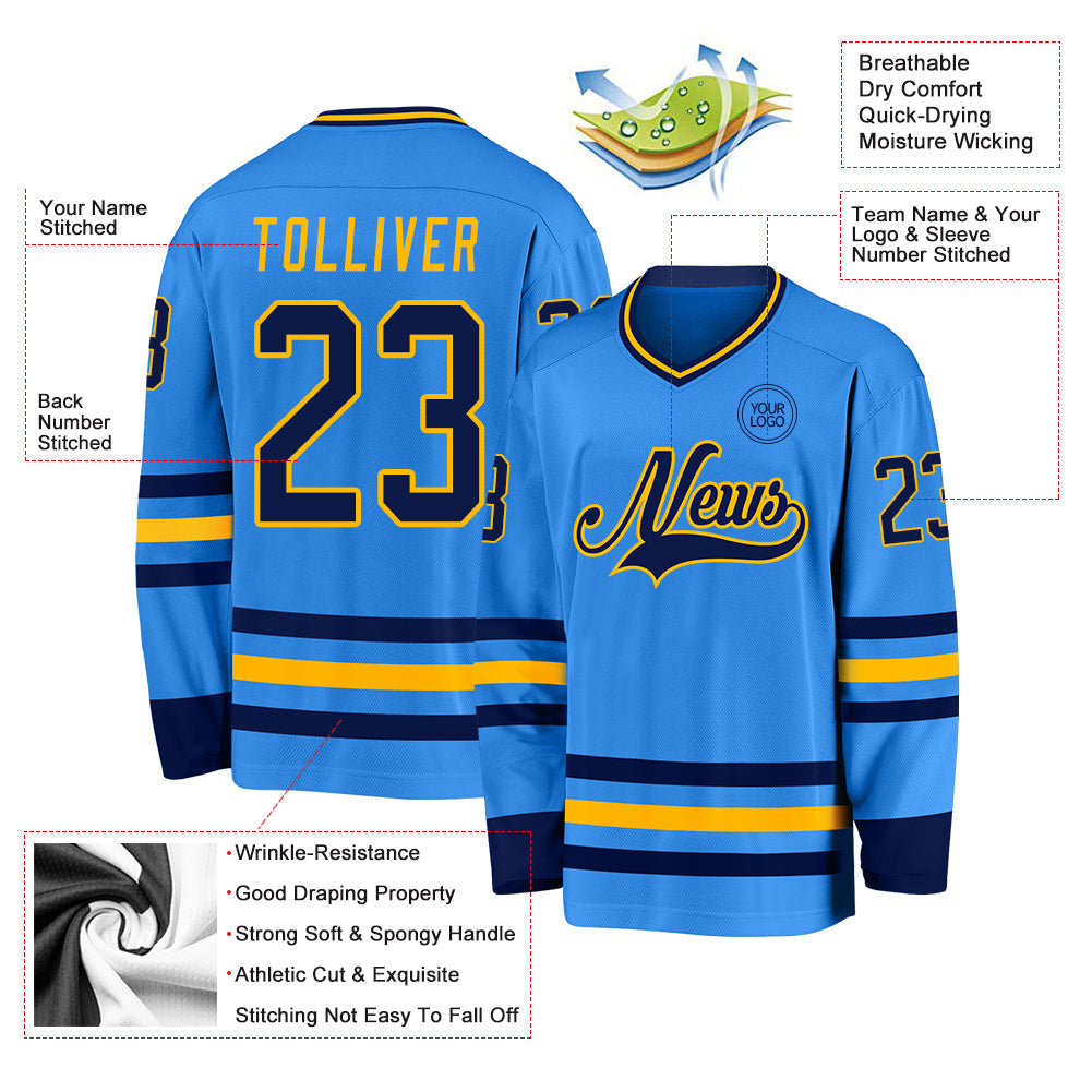 Custom Powder Blue Navy-Gold Hockey Jersey - Sky-Custom