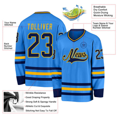 Custom Powder Blue Navy-Gold Hockey Jersey - Sky-Custom