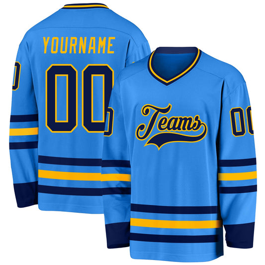 Custom Powder Blue Navy-Gold Hockey Jersey - Sky-Custom