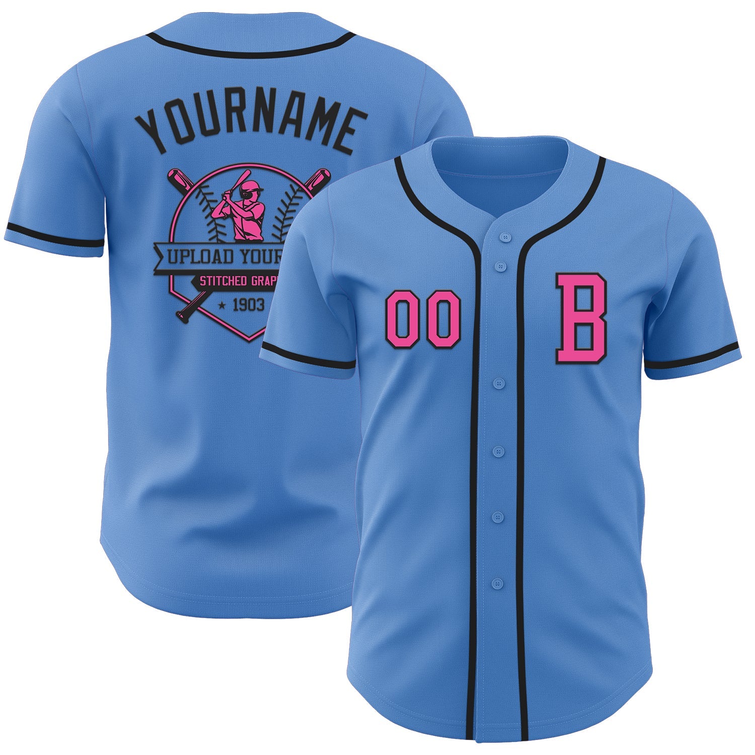Custom Powder Blue Pink-Black Authentic Baseball Jersey - Sky-Custom