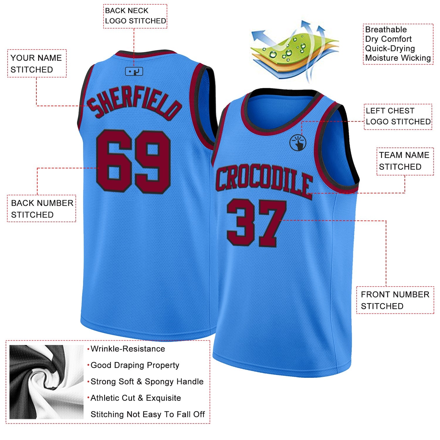 Custom Powder Blue Maroon-Black Authentic Basketball Jersey - Sky-Custom