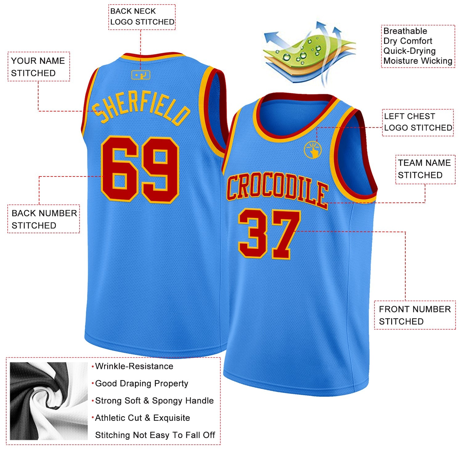 Custom Powder Blue Red-Gold Authentic Basketball Jersey - Sky-Custom