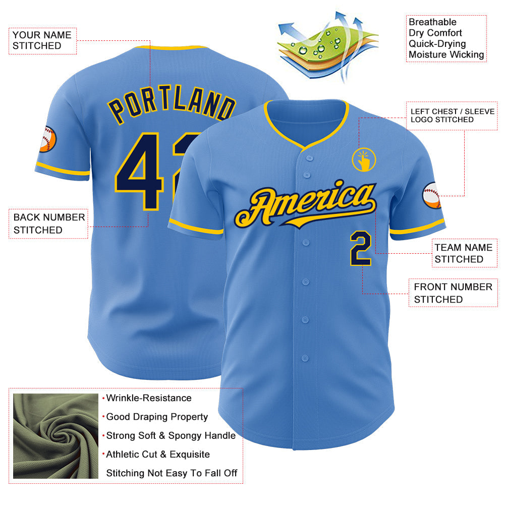 Custom Powder Blue Navy-Yellow Authentic Baseball Jersey - Sky-Custom