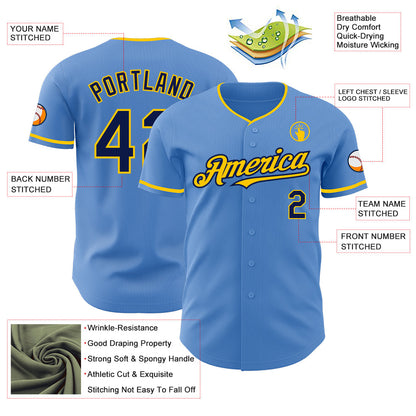 Custom Powder Blue Navy-Yellow Authentic Baseball Jersey - Sky-Custom