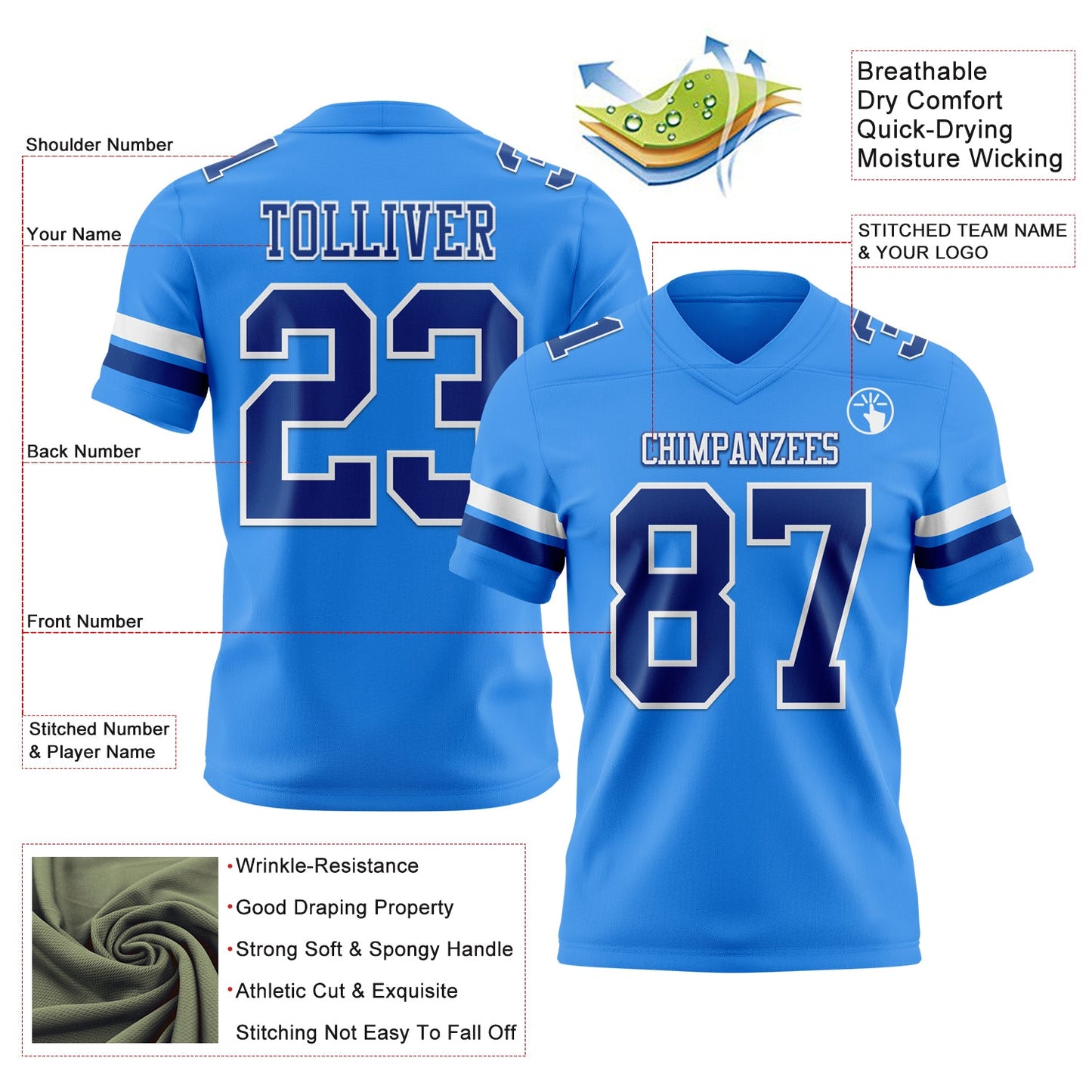 Custom Powder Blue Royal-White Mesh Authentic Football Jersey - Sky-Custom