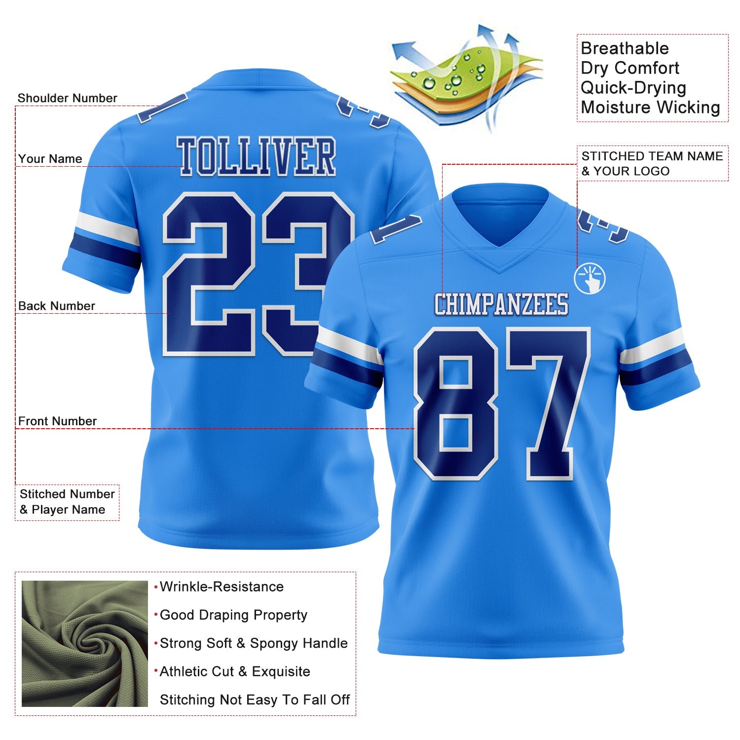 Custom Powder Blue Royal-White Mesh Authentic Football Jersey - Sky-Custom