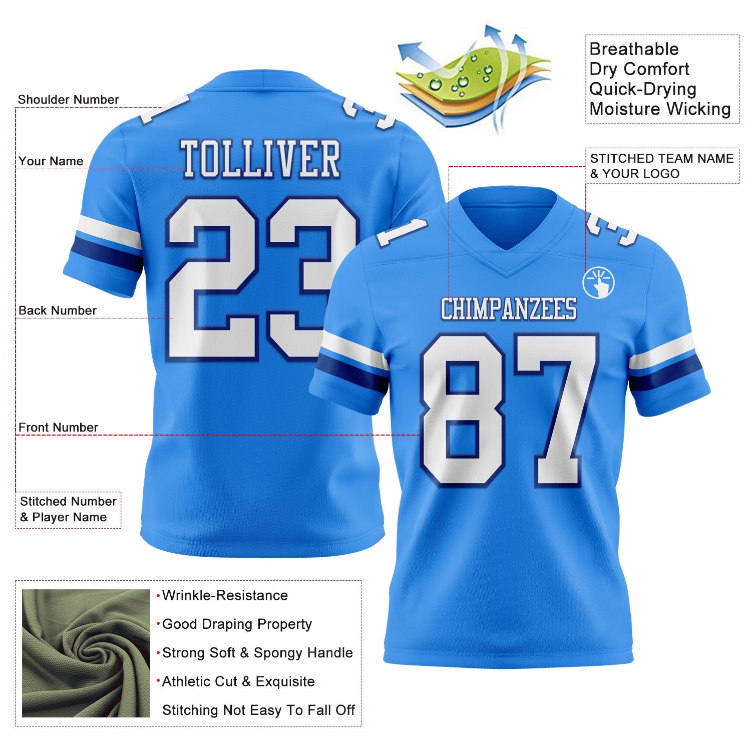 Custom Powder Blue White-Royal Mesh Authentic Football Jersey - Sky-Custom